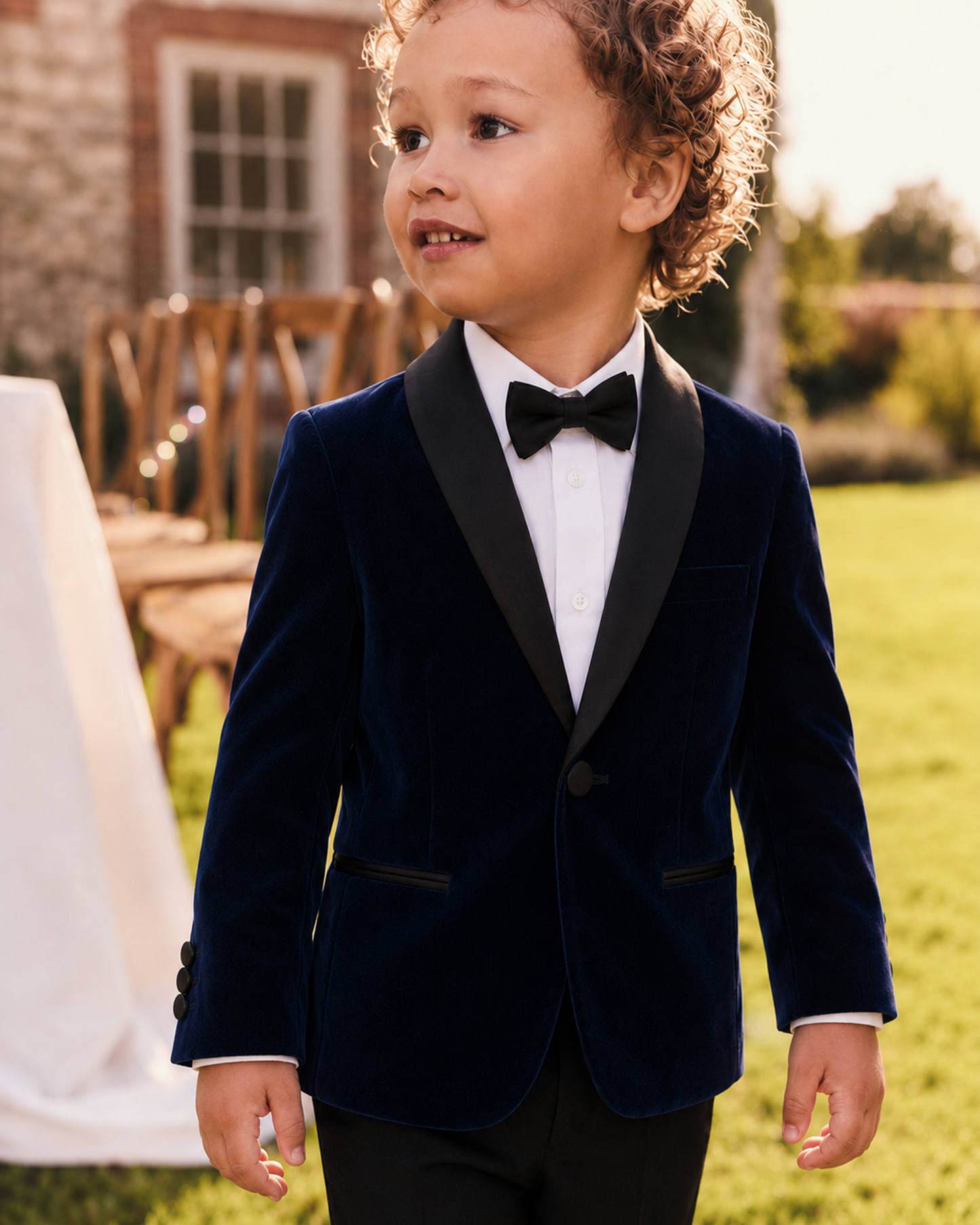 Boy wearing a navy velvet blazer with black satin shawl lapel, white dress shirt and black bow tie at an outdoor wedding.