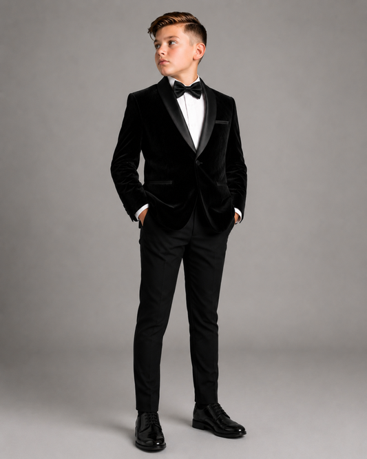 Person wearing a black velvet tuxedo with a white shirt against a grey background