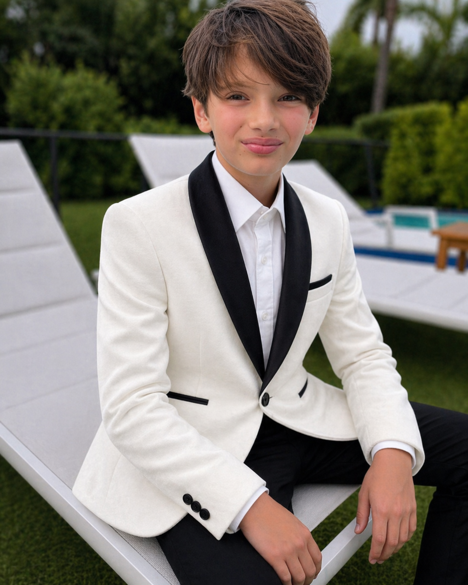 Young boy in a formal white suit with black lapels sitting outdoors.