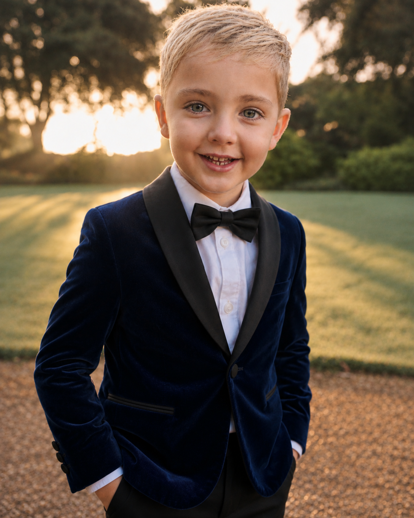 A young boy wearing a navy blue velvet tuxedo jacket with black satin lapels, a black bow tie, and a white dress shirt, standing outdoors in a park.