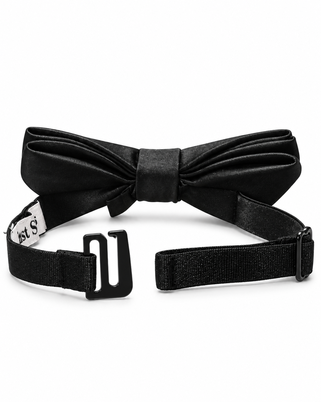 A black boys bow tie with an adjustable black elastic strap and a black plastic quick-release buckle, displayed on a clean white background.