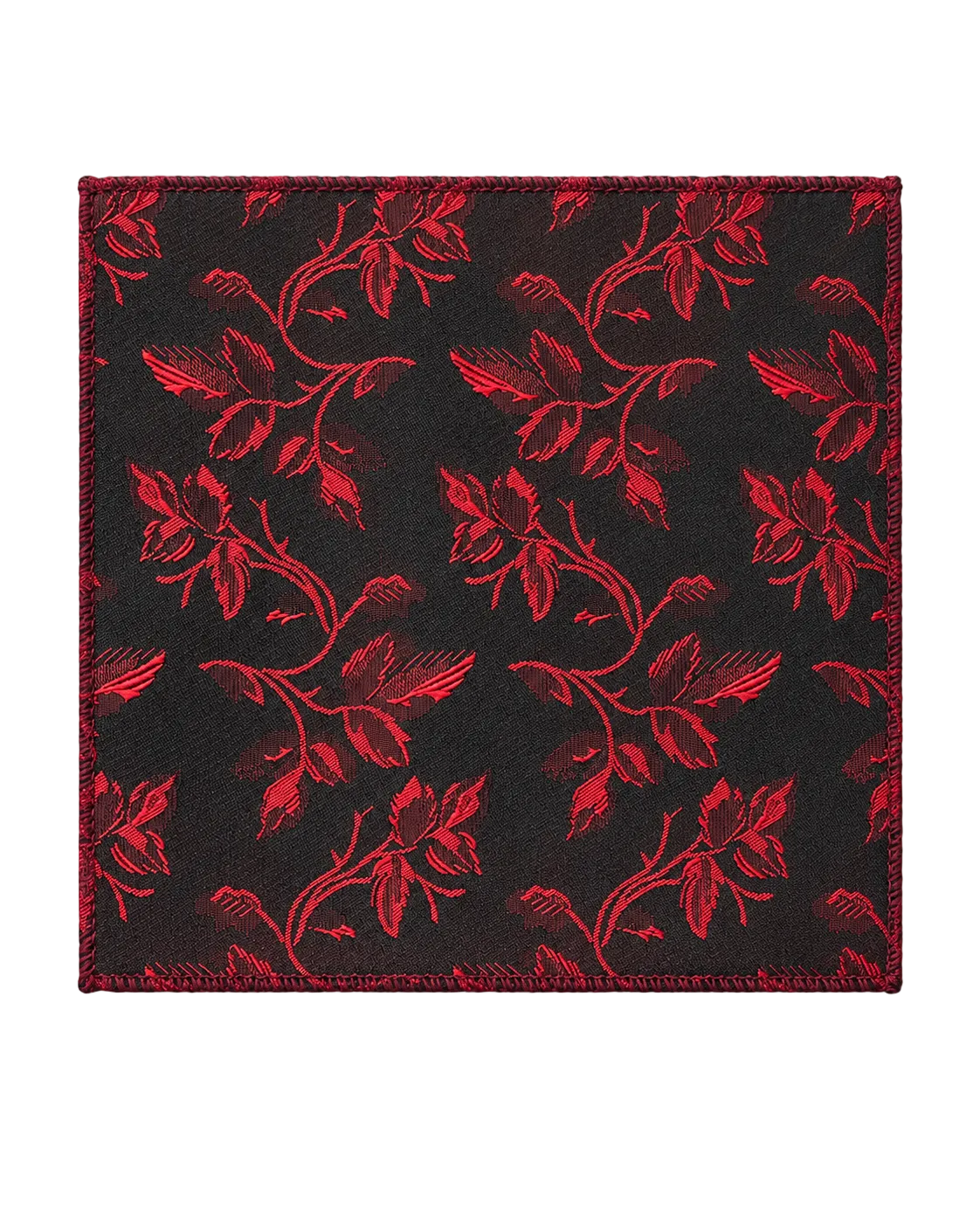 A pocket squarewith a red embroidered floral pattern and a matching red stitched border, shown flat against a white background.