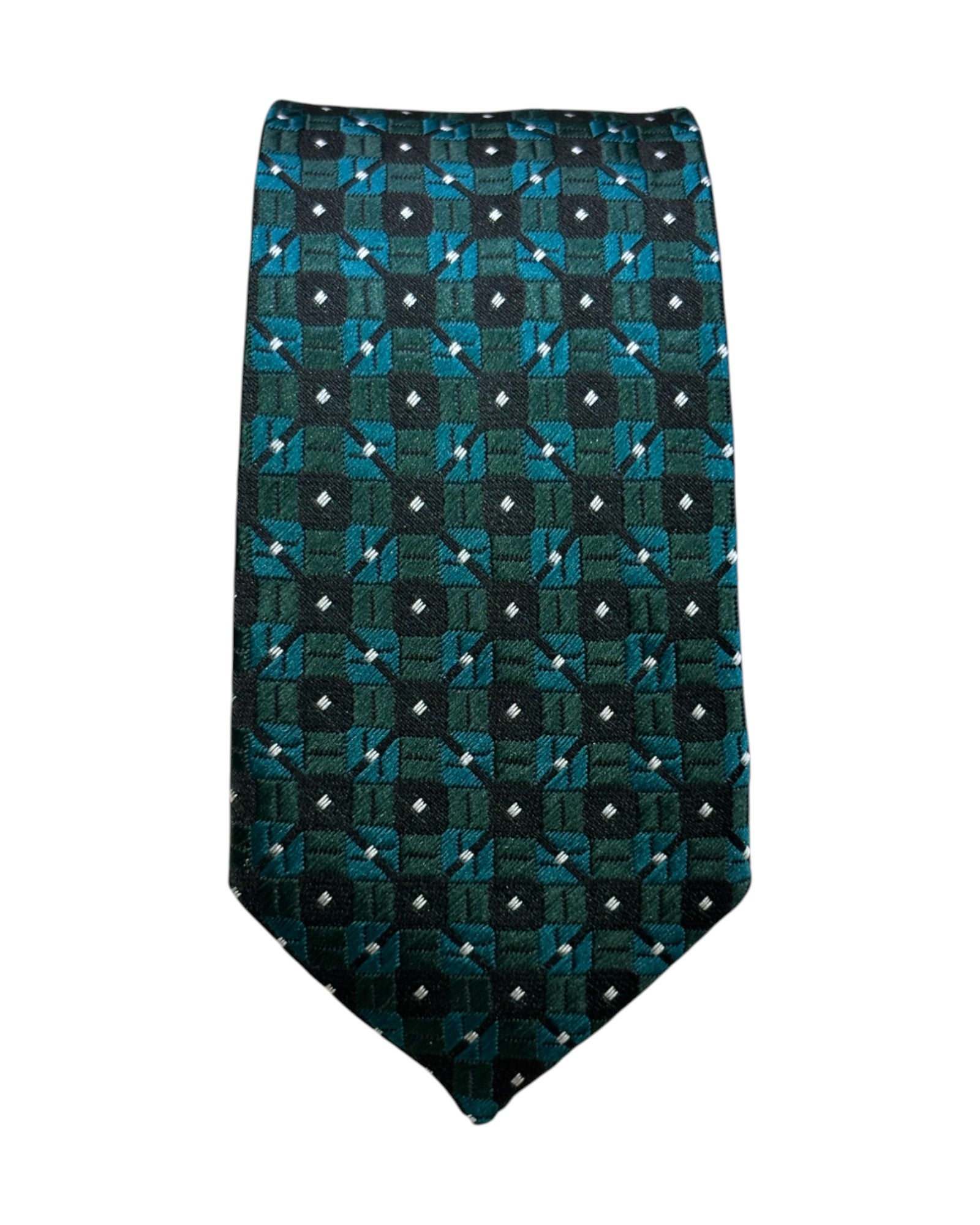 Boys green patterned tie with black and blue geometric design – kids formalwear accessory for weddings and parties.