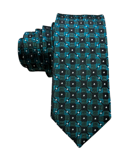 Green and black patterned tie on a white background