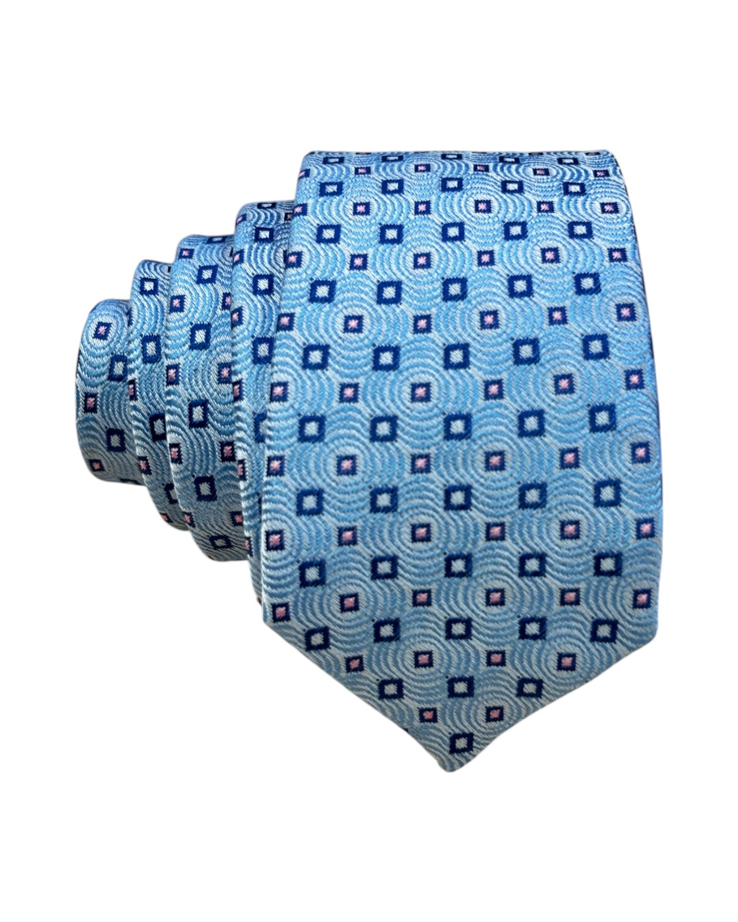 Sky blue boys tie with black and navy diamond pattern – wrinkle-resistant and easy to clean.