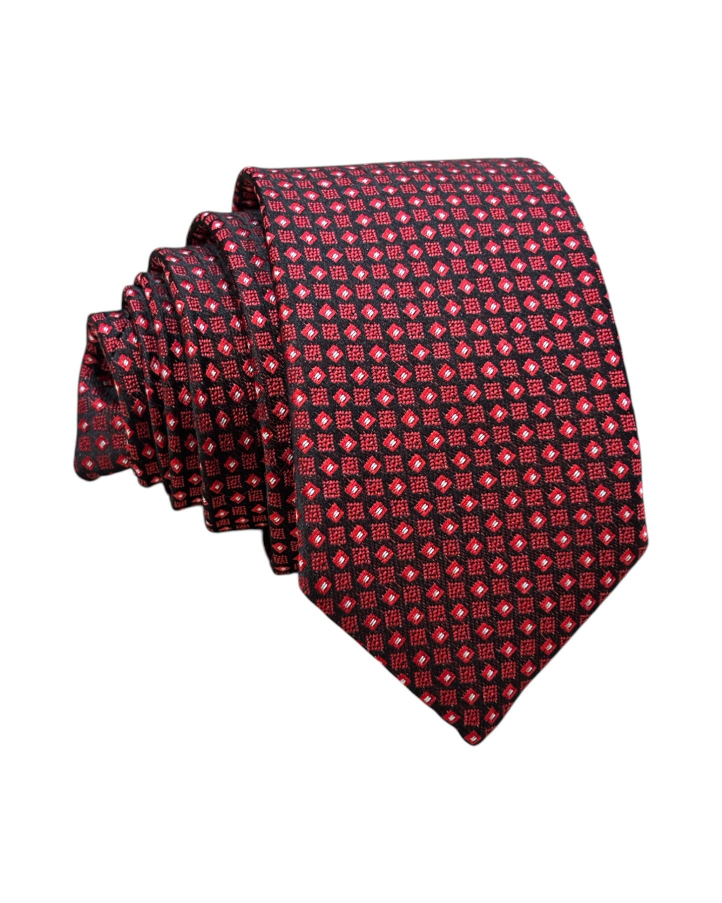 Red patterned tie on a white background