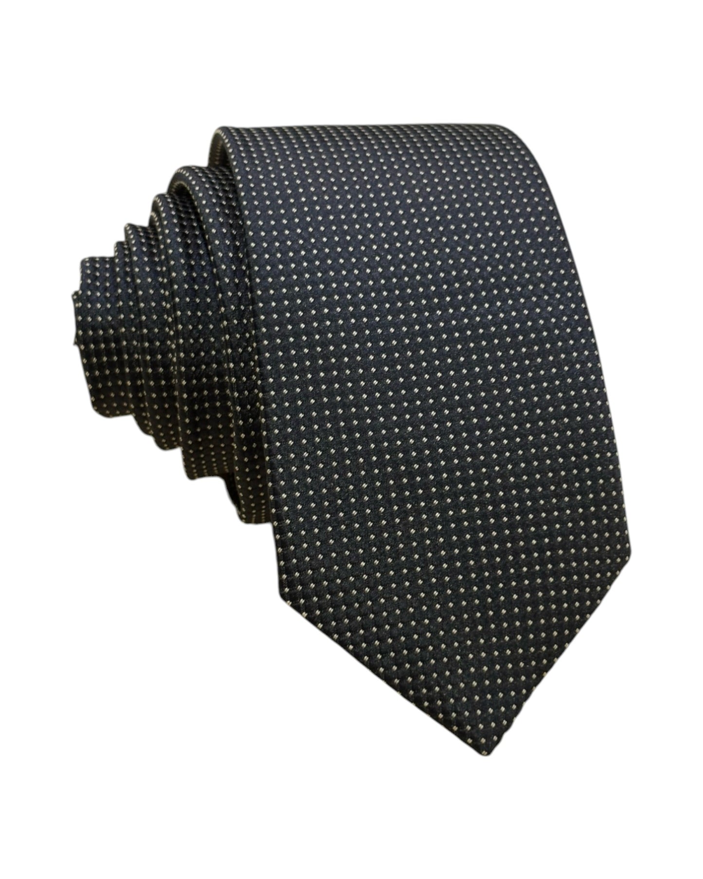 Black tie with white polka dots on a white background