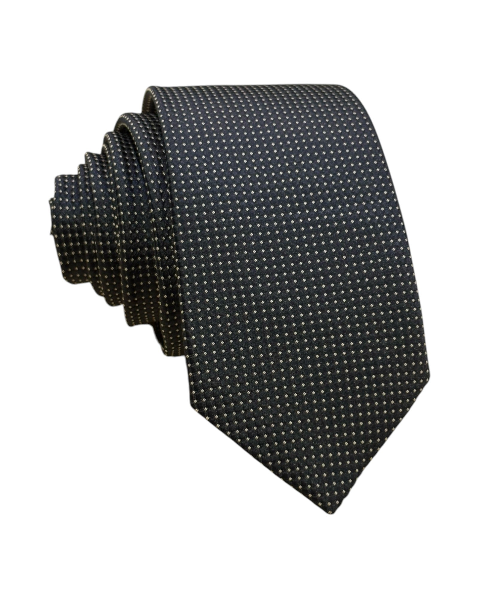 Black tie with white polka dots on a white background