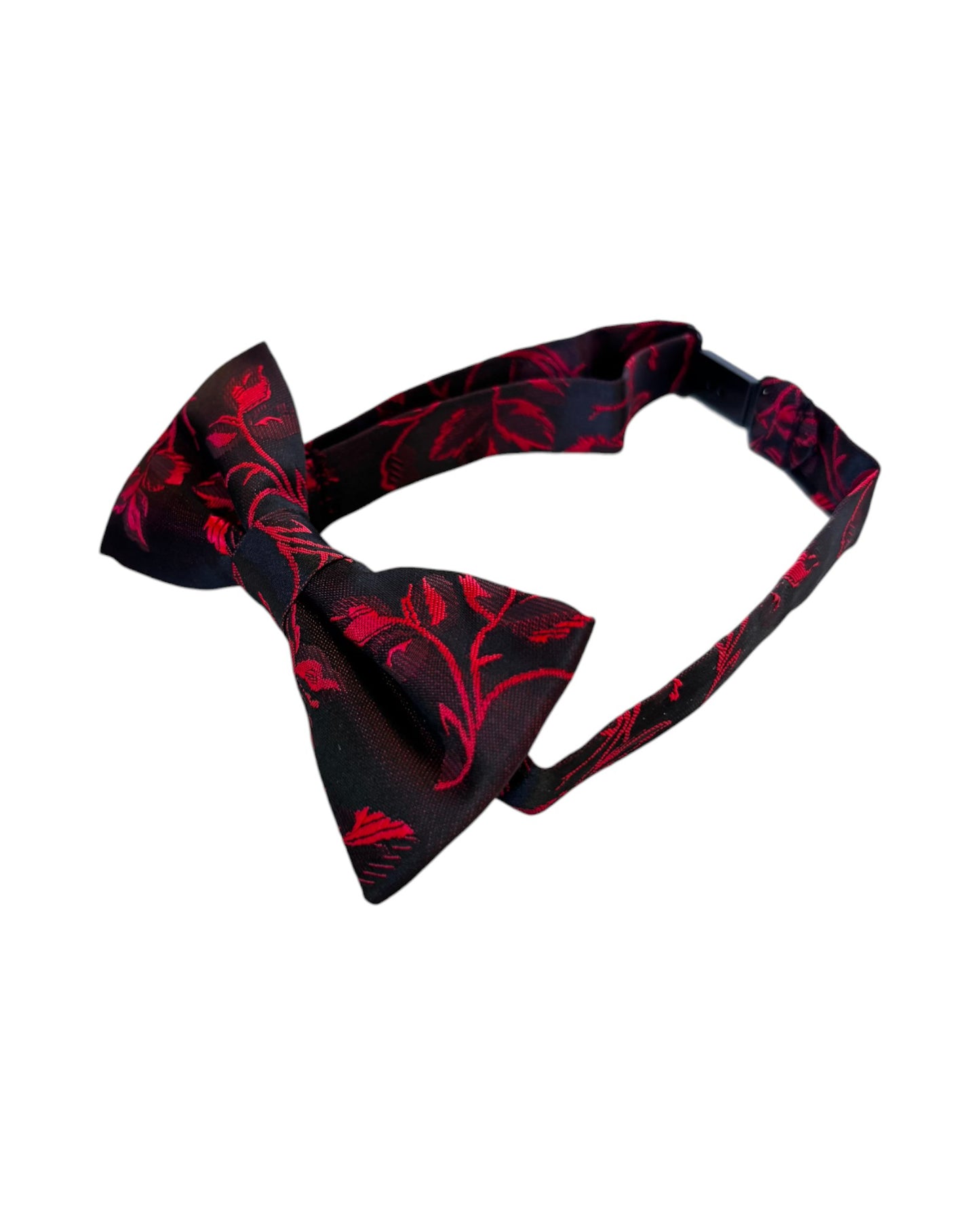 Boys red floral bow tie with black base.  side view