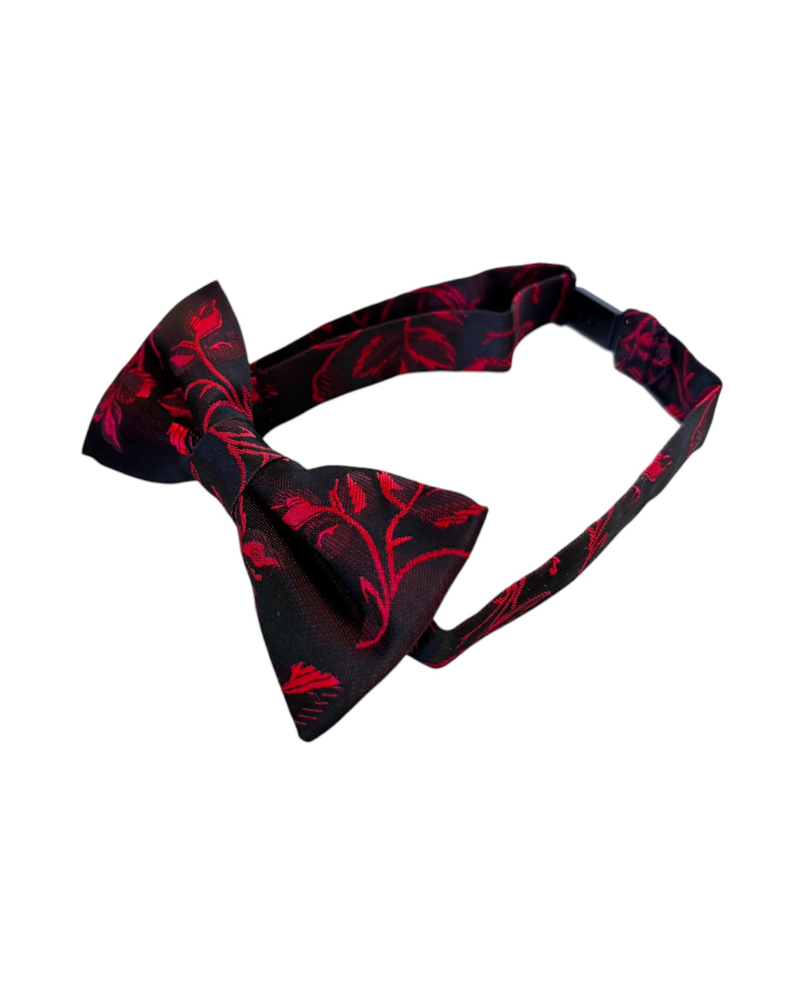 Boys red floral bow tie with black base.  side view