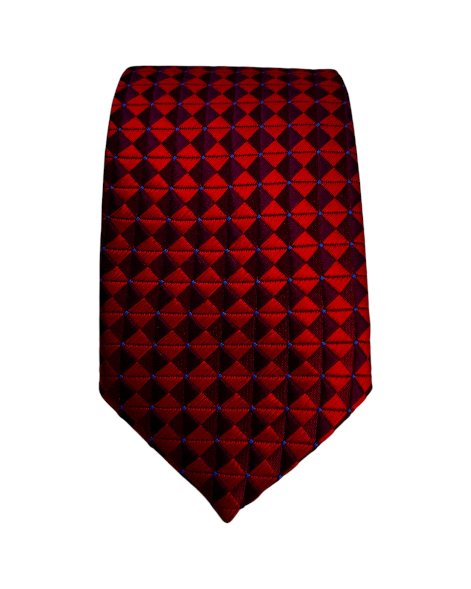 Red and black patterned tie on a white background