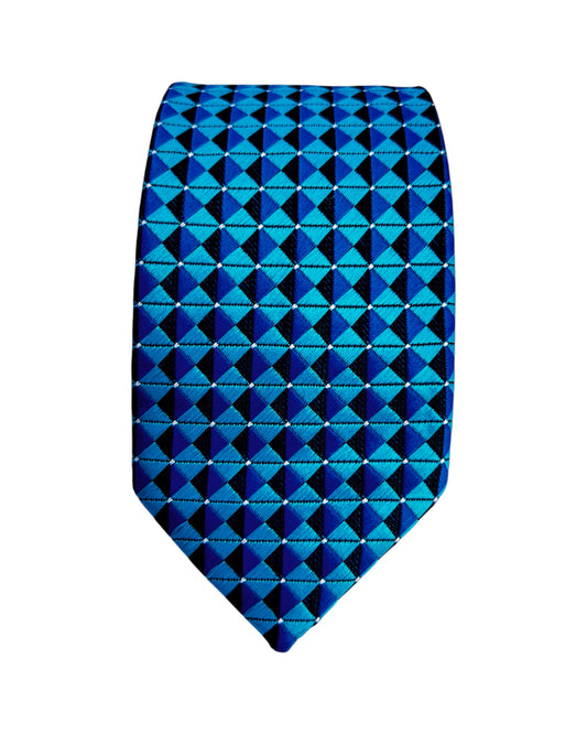 Blue patterned tie on a white background