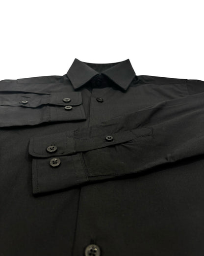 Black shirt with button details on a white background