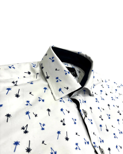 kids White shirt with black and blue palm pattern on a white background