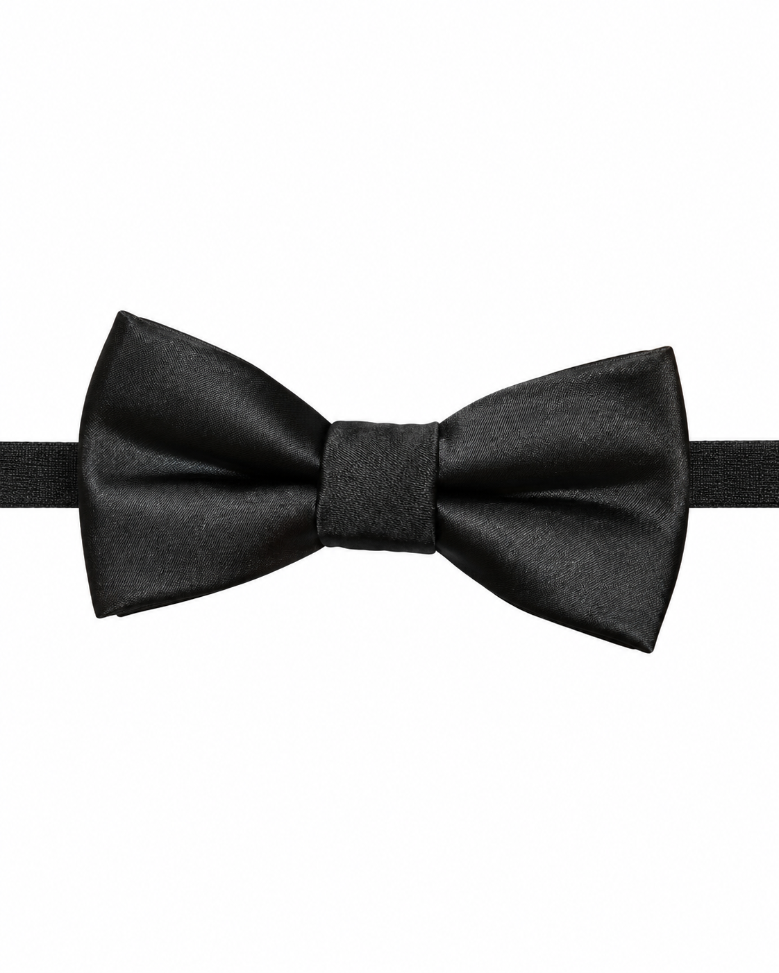 A boys black microfibre bow tie with a matching black elastic band, presented against a solid white background.
