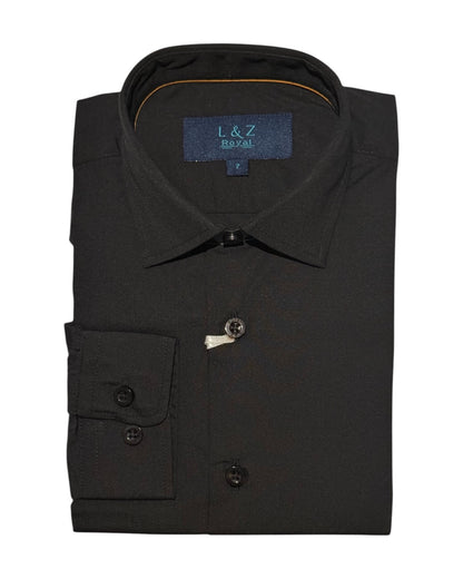 Black dress shirt with a visible brand label on a white background