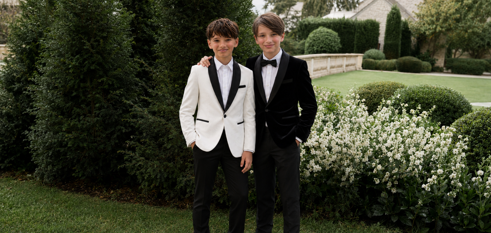 Two young men in formal attire standing outdoors with greenery and a house in the background