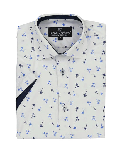 A kids white shirt with a subtle palm leaf pattern, featuring a collar and button-up front.