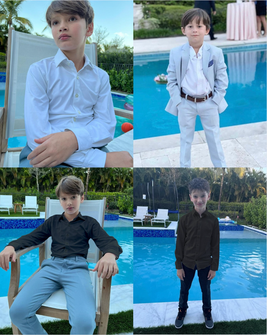 Collage of a young boy in various outfits by a poolside.