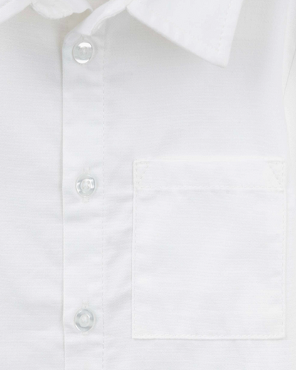 Close-up of a white long-sleeve button-down shirt showing the collar, front button placket, and a chest pocket.