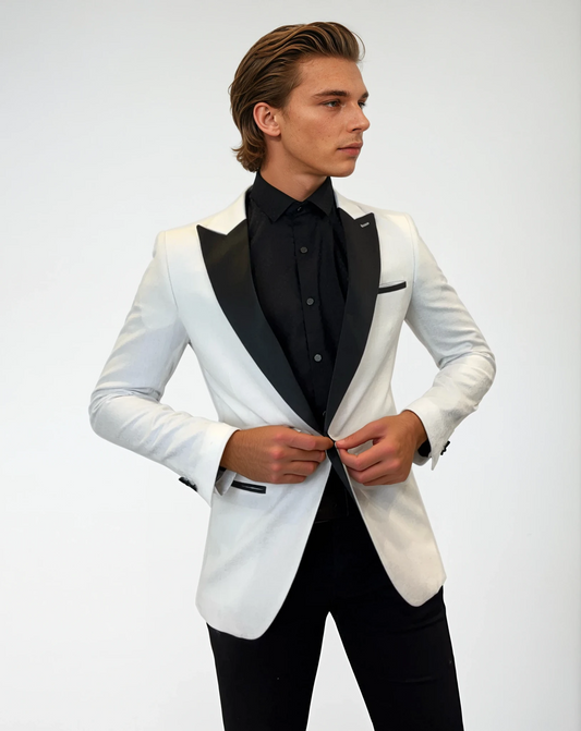 men in white jacquard with black lapels