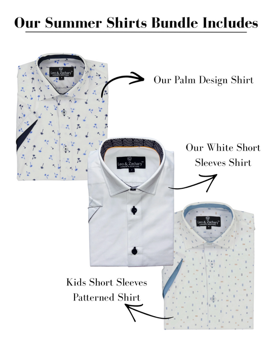 Three shirts with labels indicating a summer shirts bundle including a palm design shirt, white short sleeves shirt, and kids short sleeves patterned shirt.