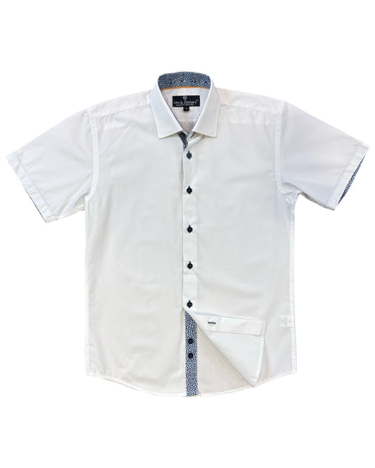 White short-sleeve shirt with blue trim on a white background