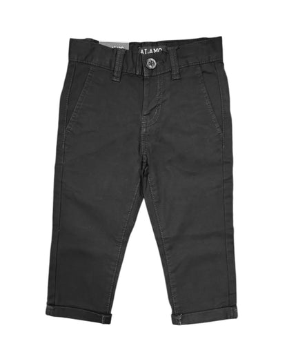 A pair of children's black stretch chinos with a hidden elastic waistband and four functional pockets.