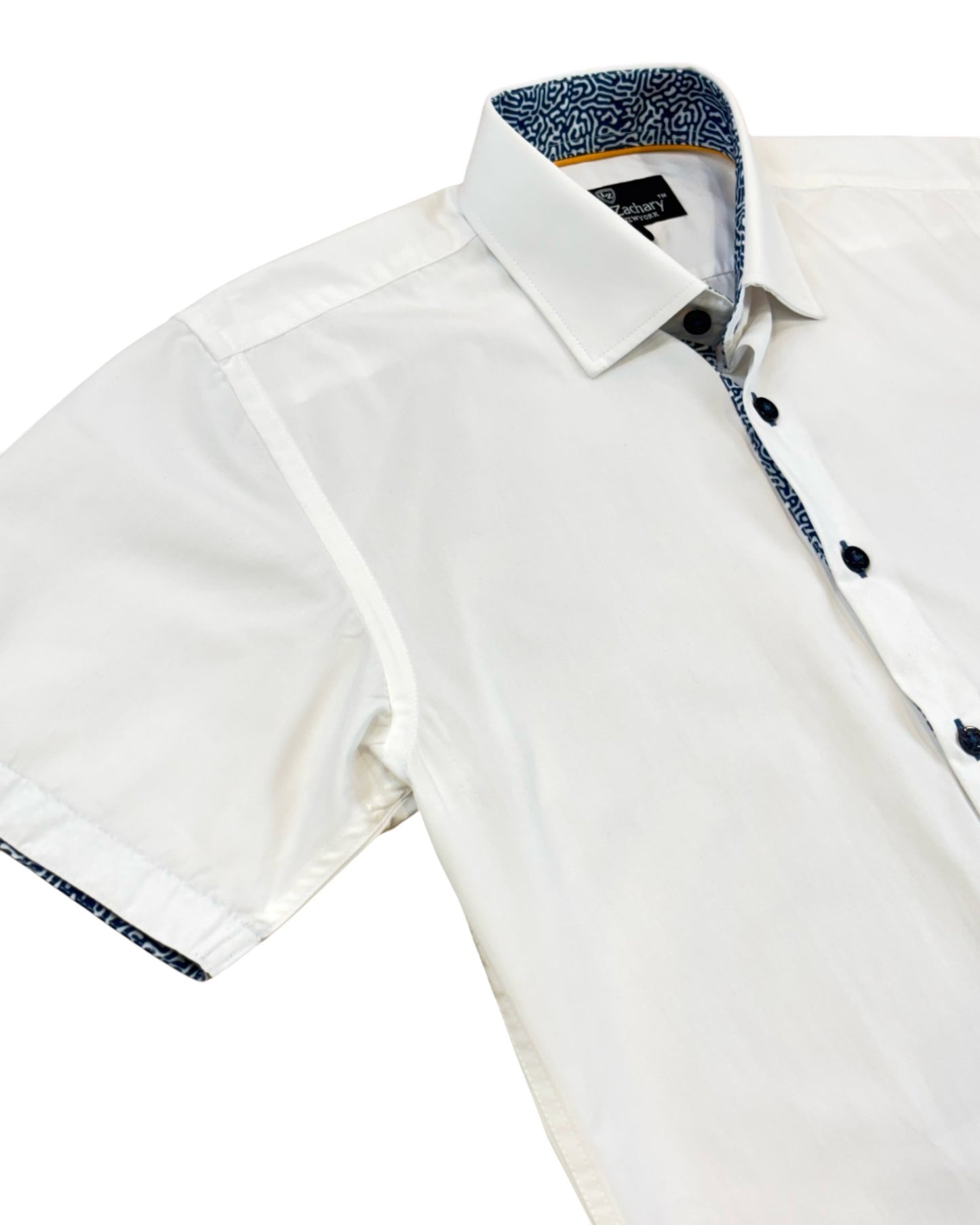 White short-sleeve shirt with blue trim on a white background