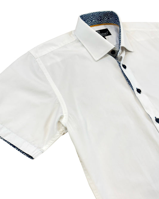 White short-sleeve shirt with blue trim on a white background