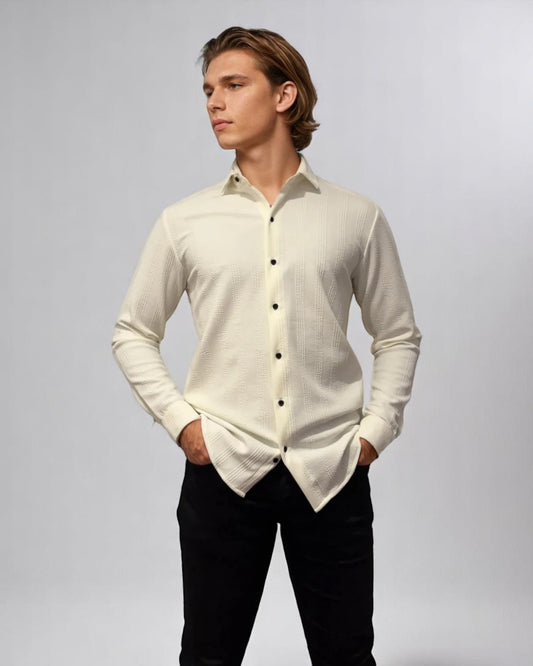 Slim fit cream jacquard shirt for men, ideal for summer parties, dates, and beach events
