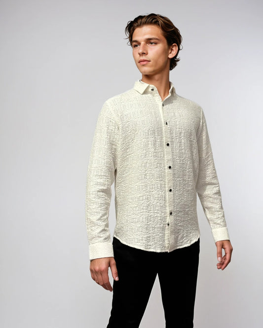 Slim fit white waffle-textured shirt for men, perfect for beach events, summer dates, or relaxed formalwear