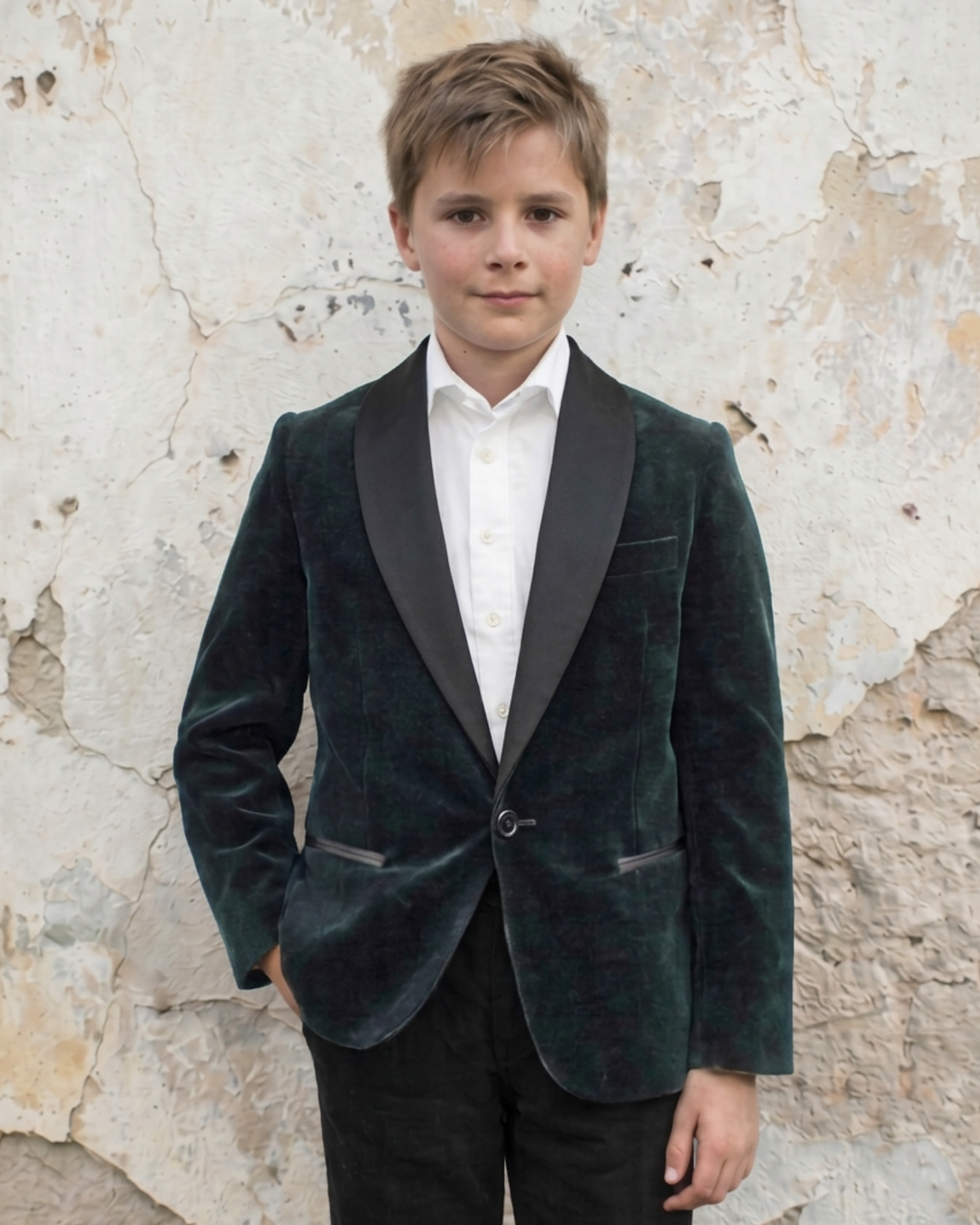Boy wearing a green velvet blazer with a black shawl lapel