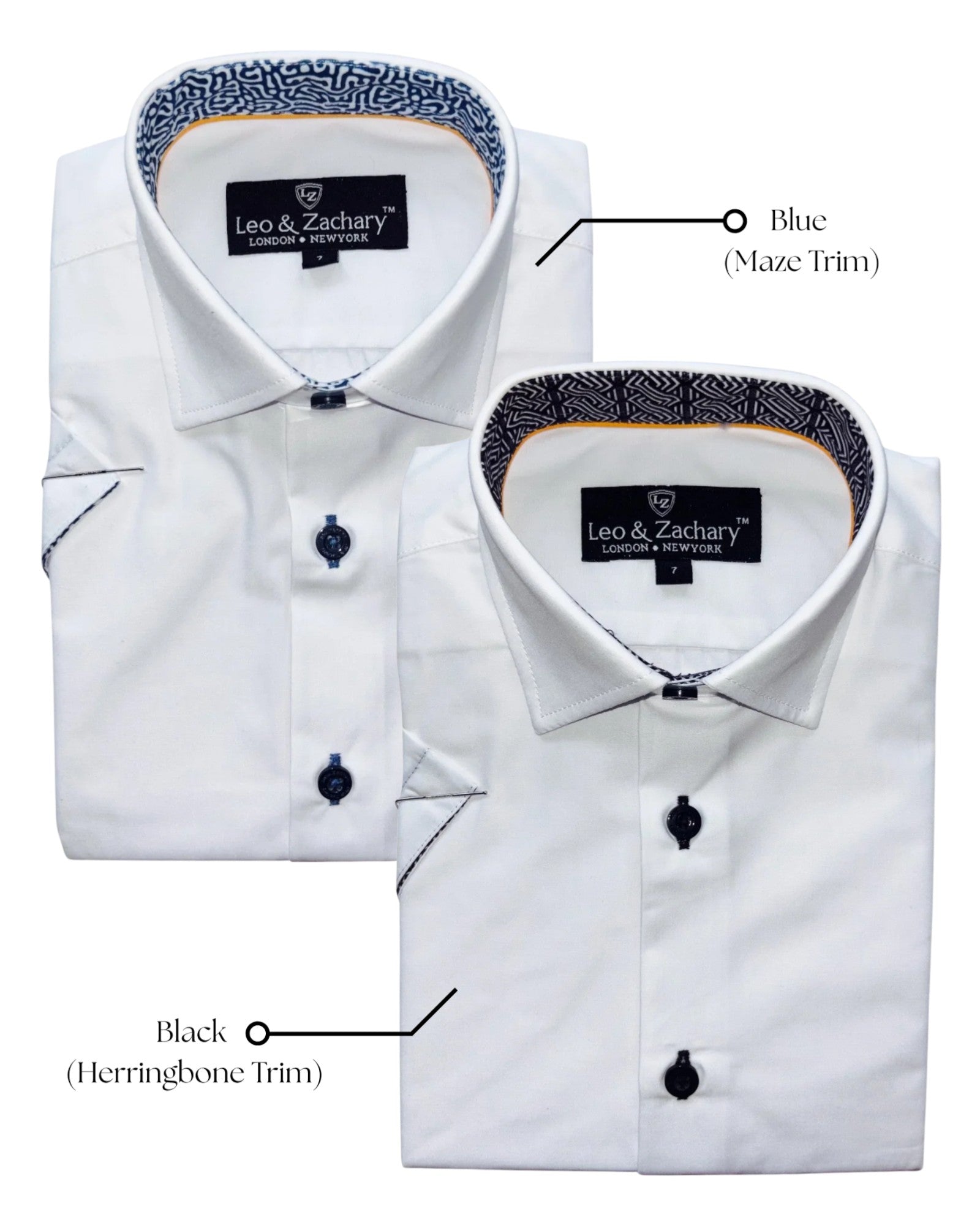 Two white boys dress shirts with different trim options on a white background.