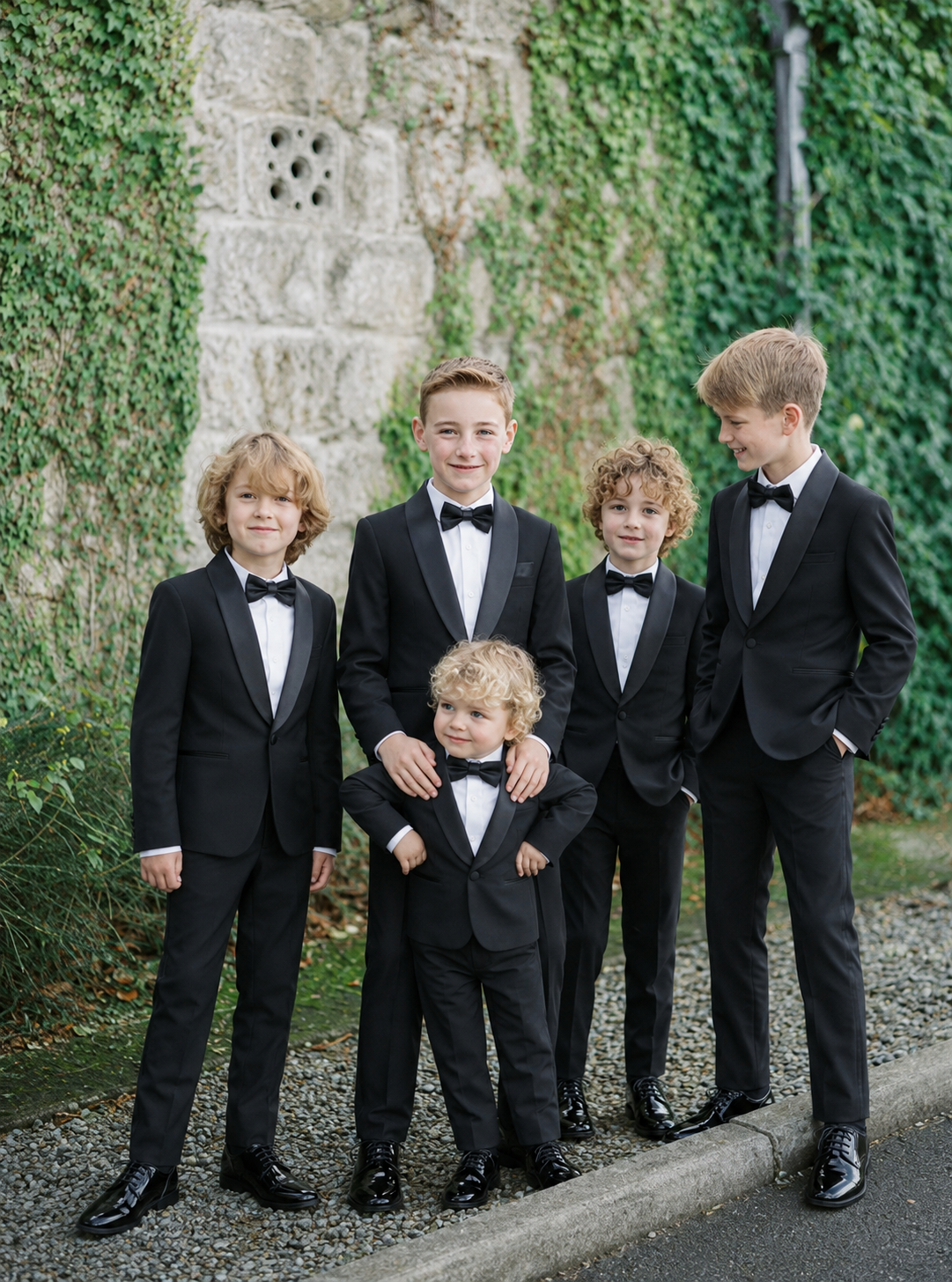 Boys wearing black tuxedos for a formal occasion