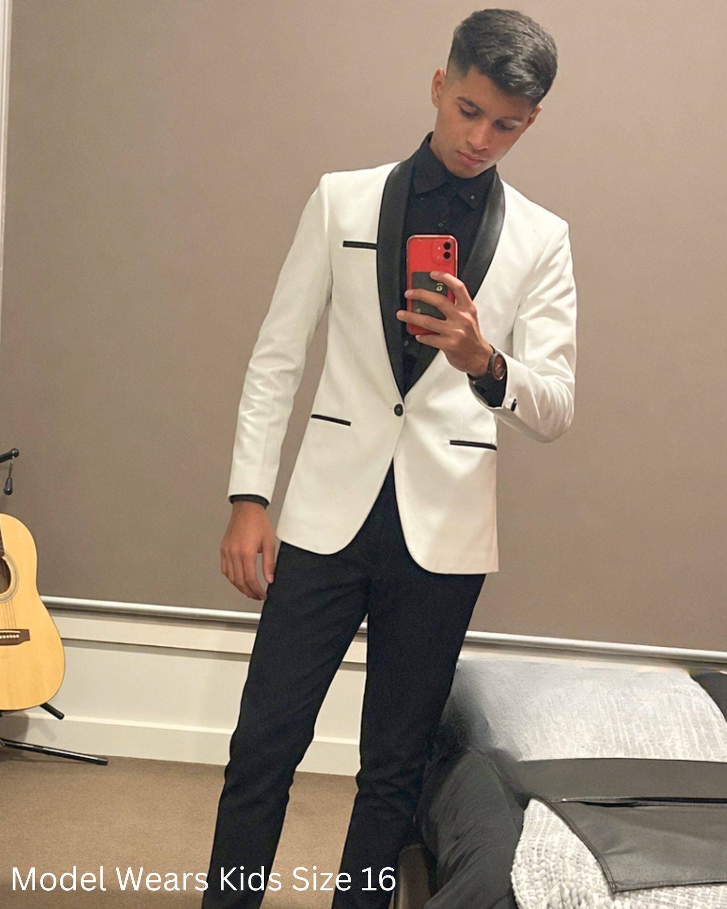 Boy wearing black stretch dress pants with white blazer formal outfit mirror selfie