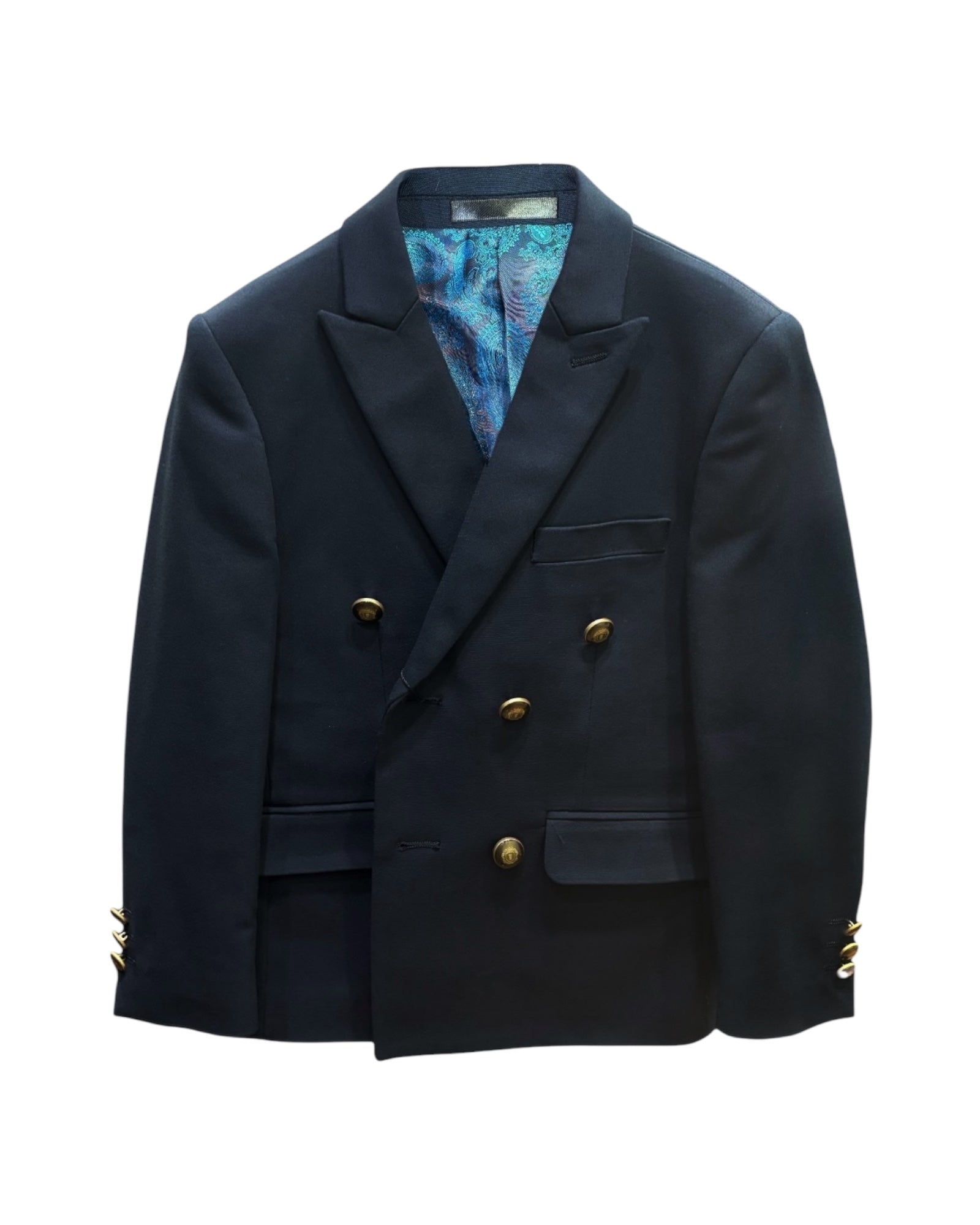 Boys double breasted blazer with gold button and paisley design inner fabric