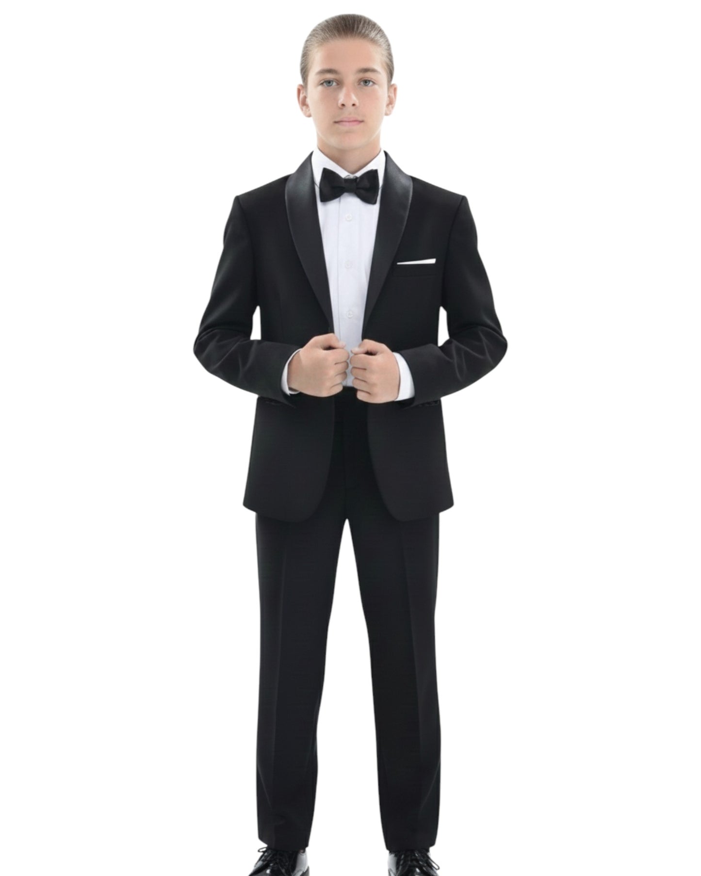 teenager in a black tuxedo. shawl lapel jacket and dress pants.