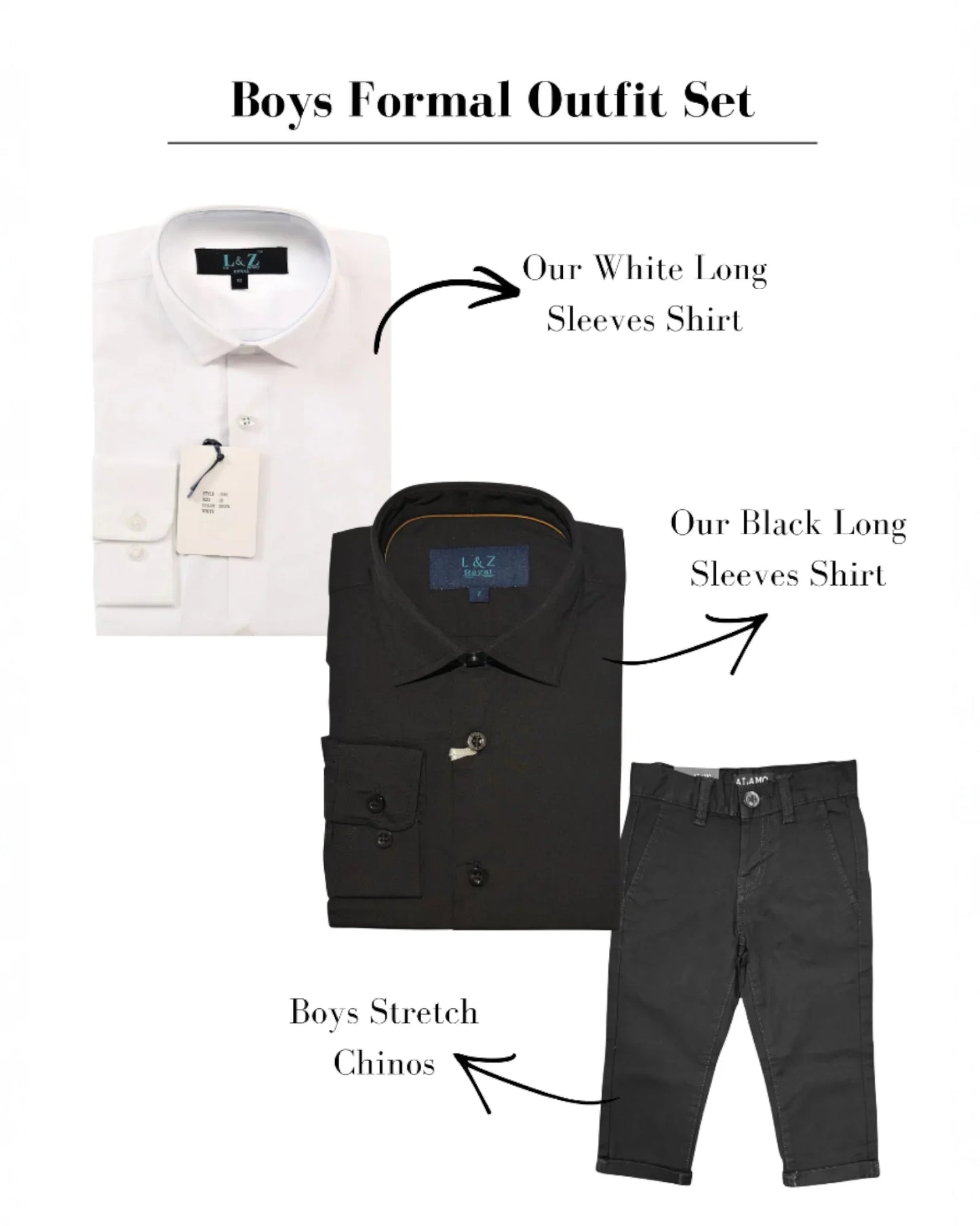 Boys formal outfit set with white and black long sleeve dress shirts and black stretch chinos for weddings and special occasions