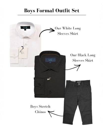 Boys formal outfit set with white and black long sleeve dress shirts and black stretch chinos for weddings and special occasions