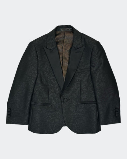 flat lay of front of black kids jacquard blazer