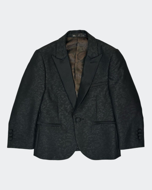 flat lay of front of black kids jacquard blazer